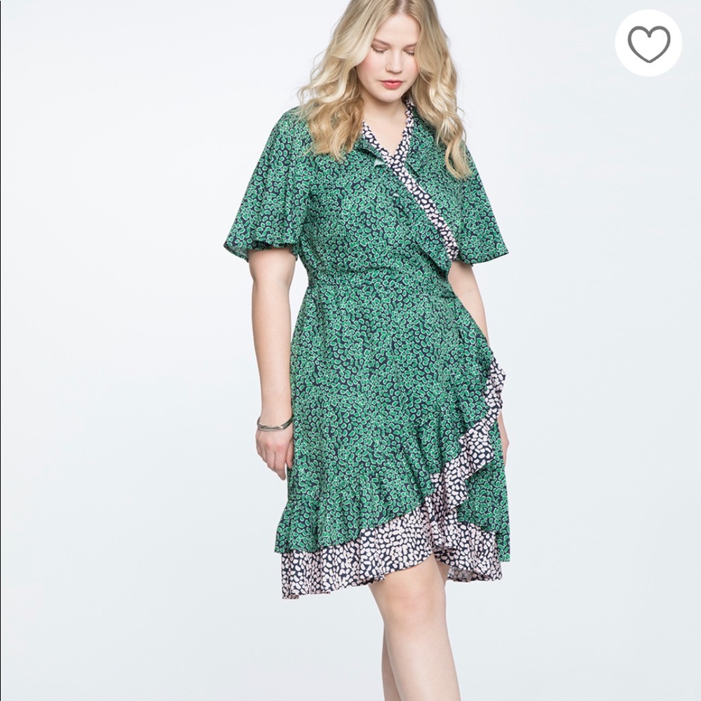 NWT Eloquii Green Contrast Ruffle Wrap Dress (18, adjustable waist, 1X-2X)